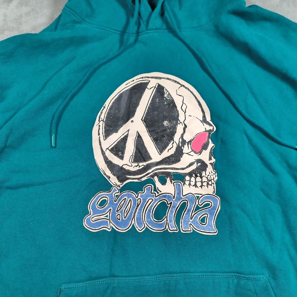 Vintage Gotcha Hoodie Mens XXL Green Peace Skull Pullover  Y2K Surf Skate - Picture 3 of 11